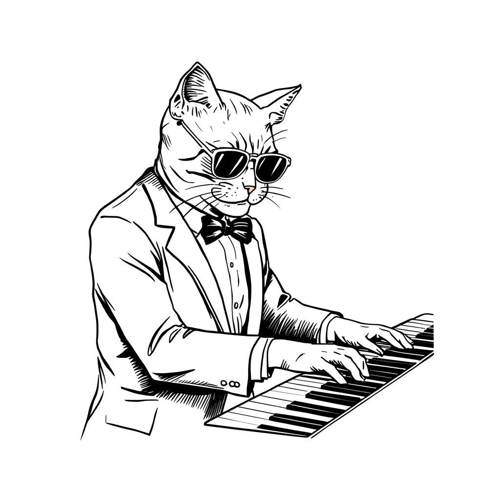 A cool cat in a bow tie and sunglasses playing the piano