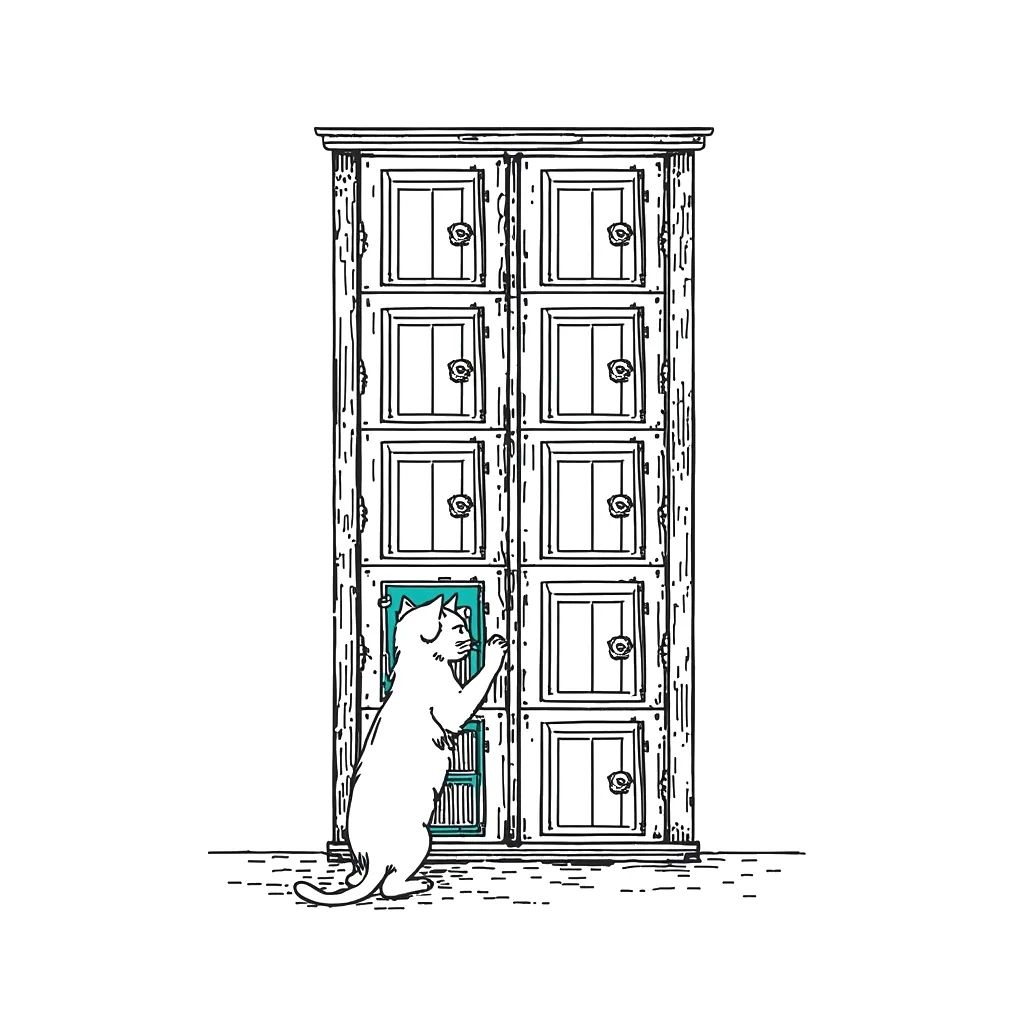 A cat opening one of many little doors in a tall cabinet