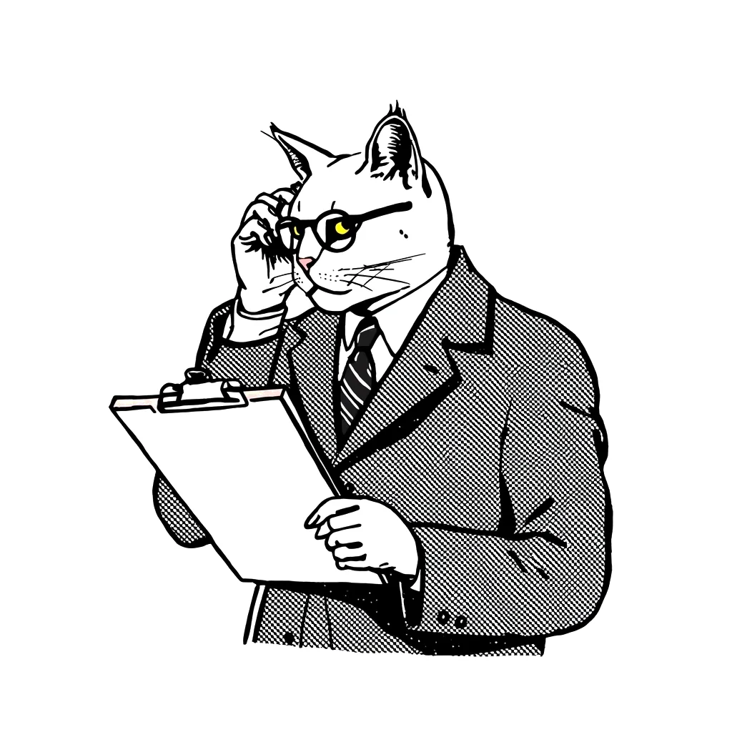 A cat zookeeper with a clipboard, peering over reading glasses