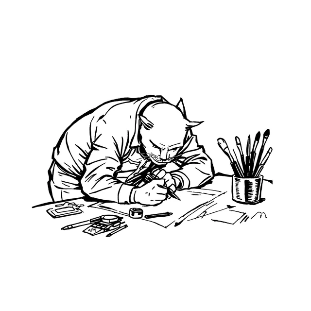 A cat cartoonist inking a comic page