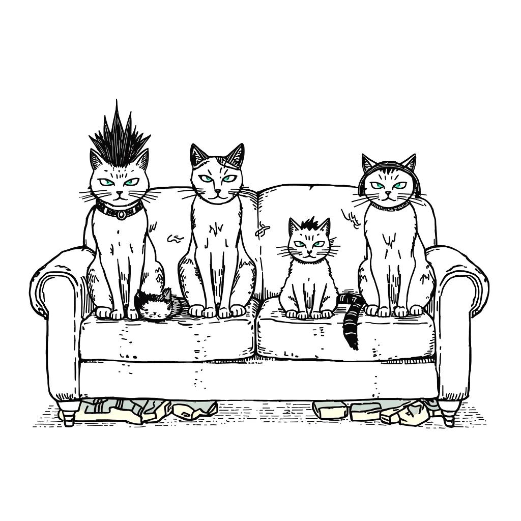 Four cats on a battered sofa: a punk, a gloom, a small smug one and a quiff