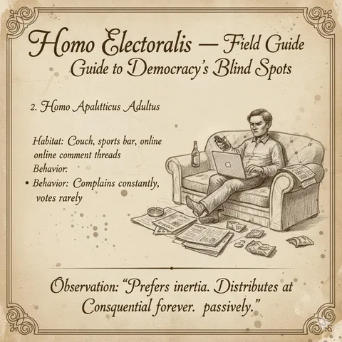 Homo apalitticus adultus: A man sprawls on a couch with a laptop and a drink, papers piled at his feet.
