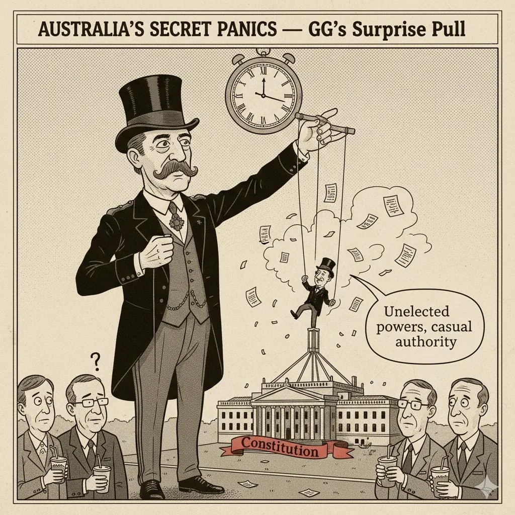 GG’s Surprise Pull: Cartoon: a man in a top hat holds a stopwatch and pulls strings over a building labelled Constitution.
