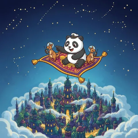 Magic Carpet Panda: A panda and two small companions ride a flying carpet over a glowing city in the clouds.