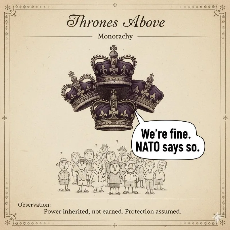 Thrones Above Monarchy: A crown floats over a crowd. Its speech bubble: “We’re fine. NATO says so.”