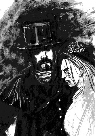 Ink sketch: a gaunt man in a top hat, a pale woman at his shoulder.